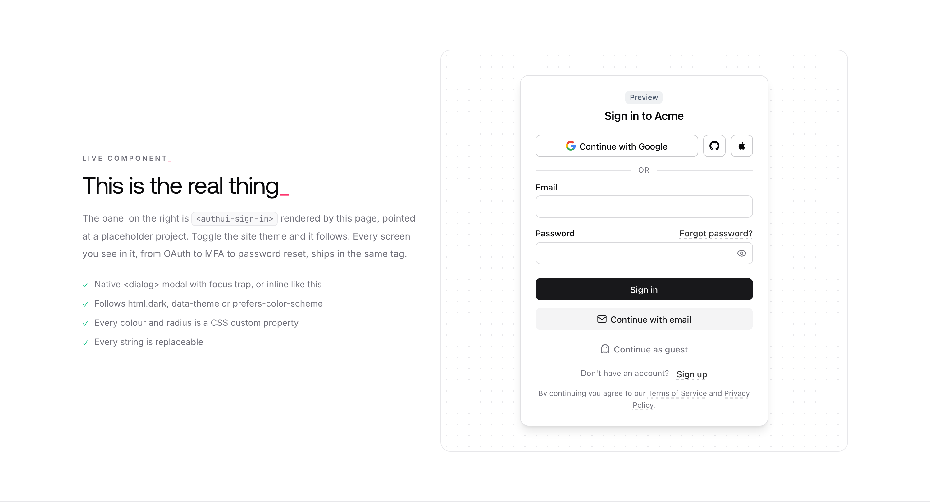 Live component on the landing page