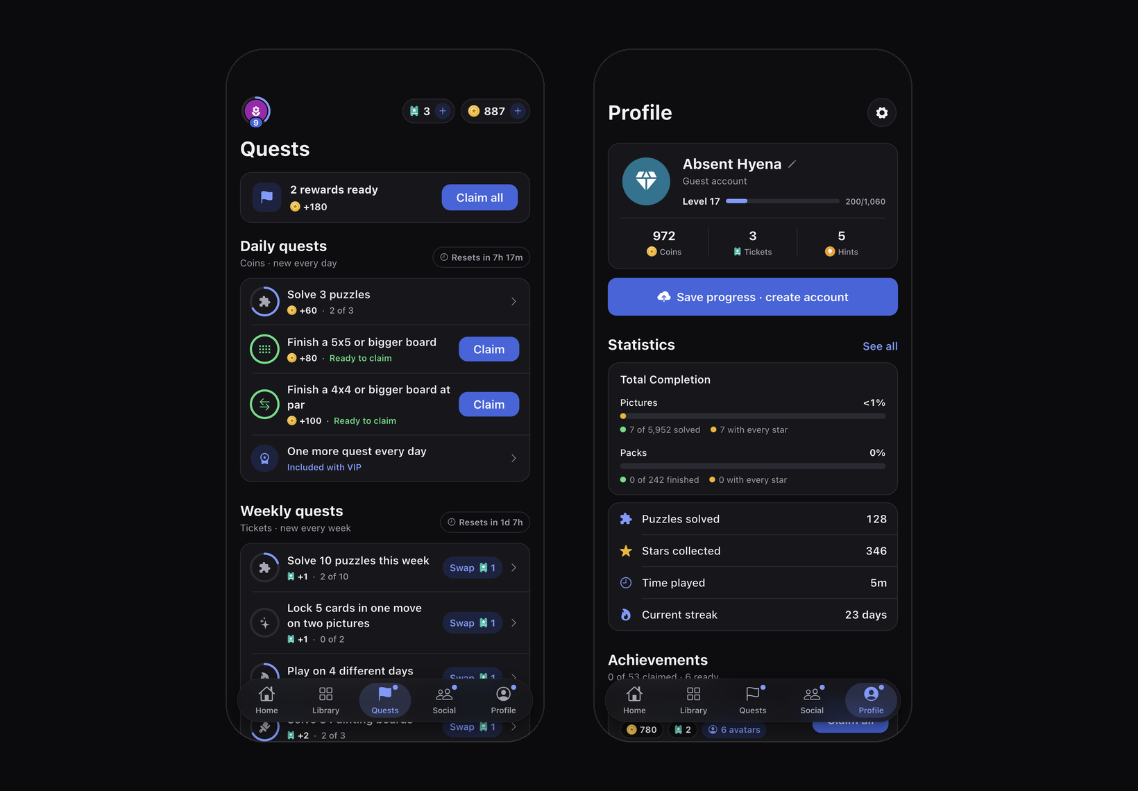 Quests and profile screens